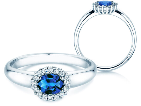 Verlovingsring Windsor Cross in 14K witgoud met saffier 0,60ct en diamanten 0,12ct