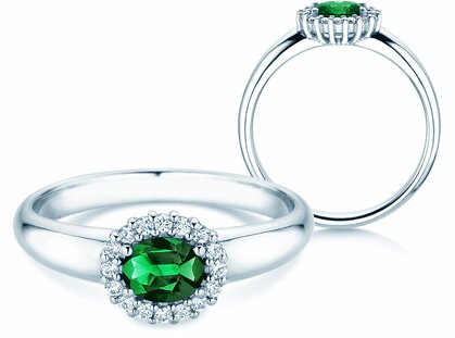 Verlovingsring Windsor Cross in 18K witgoud met smaragd 0,60ct en diamanten 0,12ct