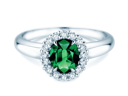 Verlovingsring Windsor Royal in 14K witgoud met smaragd 1,20ct en diamanten 0,28ct