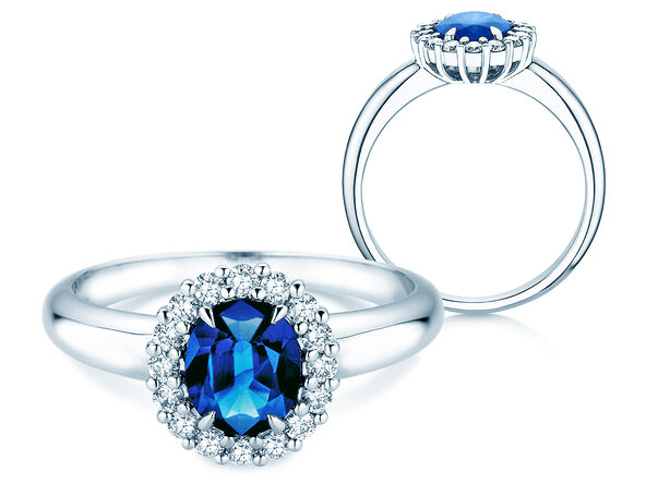 Verlovingsring Windsor Royal in platina 950/- met saffier 1,20ct en diamanten 0,28ct