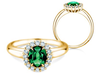 Verlovingsring Windsor Royal in 14K geelgoud met smaragd 1,20ct en diamanten 0,28ct