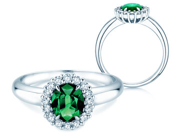 Verlovingsring Windsor Royal in 14K witgoud met smaragd 1,20ct en diamanten 0,28ct