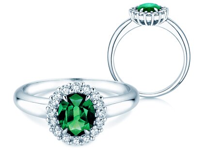 Verlovingsring Windsor Royal in platina 950/- met smaragd 1,20ct en diamanten 0,28ct