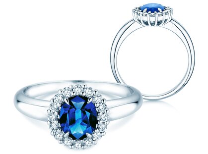 Verlovingsring Windsor Royal in platina 950/- met saffier 1,20ct en diamanten 0,28ct