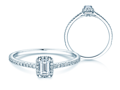 Verlovingsring Emerald Halo Pavé in 14K witgoud met diamanten 0,75ct G/VS