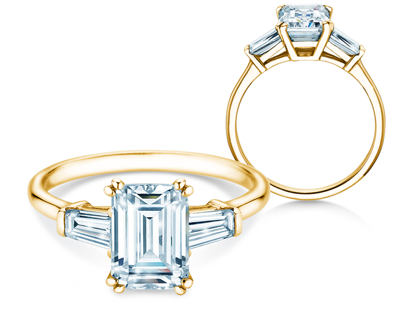 Verlovingsring Emerald Tapered Baguette in geelgoud