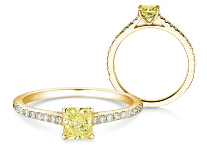 Verlovingsring Fancy Yellow Cushion Pavé in 14K geelgoud met diamanten 0,77ct G/SI