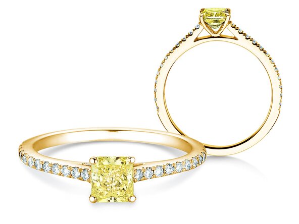 Verlovingsring Fancy Yellow Cushion Pavé in 14K geelgoud met diamanten 0,77ct G/SI