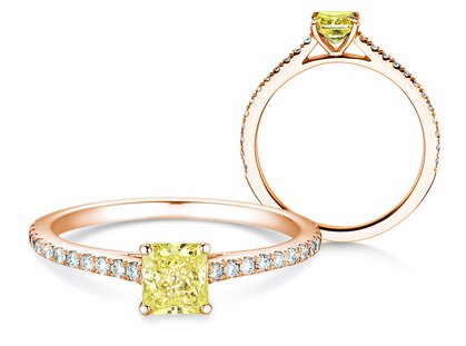 Verlovingsring Fancy Yellow Cushion Pavé in 14K roségoud met diamanten 0,77ct G/SI