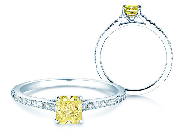 Verlovingsring Fancy Yellow Cushion Pavé in 14K witgoud met diamanten 0,77ct G/SI