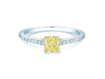 Verlovingsring Fancy Yellow Cushion Pavé in 14K witgoud met diamanten 0,77ct G/SI