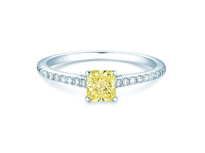 Verlovingsring Fancy Yellow Cushion Pavé in 14K witgoud met diamanten 0,77ct G/SI