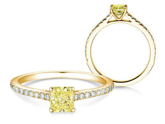Verlovingsring Fancy Yellow Cushion Pavé in 14K geelgoud met diamanten 0,77ct G/SI