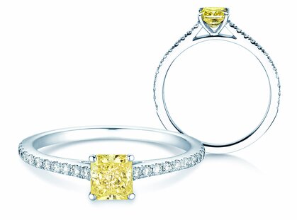 Verlovingsring Fancy Yellow Cushion Pavé in platina 950/- met diamanten 0,77ct G/SI