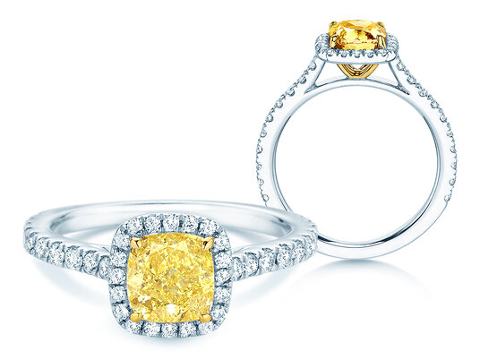 Verlovingsring Fancy Yellow Halo Cushion Pavé
