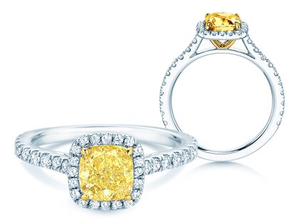 Verlovingsring Fancy Yellow Halo Cushion Pavé in 9K witgoud met diamanten 1,81ct G/SI