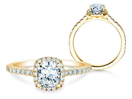 Verlovingsring Halo Cushion Pavé in 9K geelgoud met Lab-grown diamanten 1,30ct E/VS