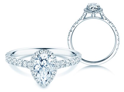 Verlovingsring Pear Halo Pavé in platina 950/- met diamanten 0,88ct G/SI