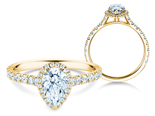 Verlovingsring Pear Halo Pavé in 9K geelgoud met diamanten 0,88ct G/SI